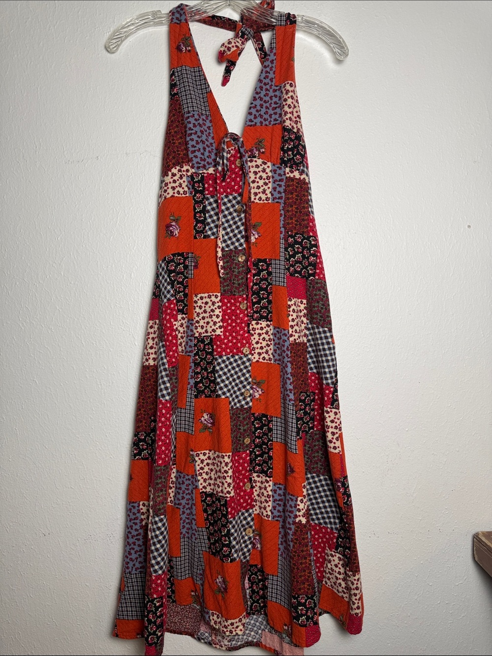 Vintage Patchwork Halter Midi Dress in Orange and Red XS